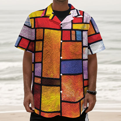 Colorful Stained Glass Mosaic Print Textured Short Sleeve Shirt