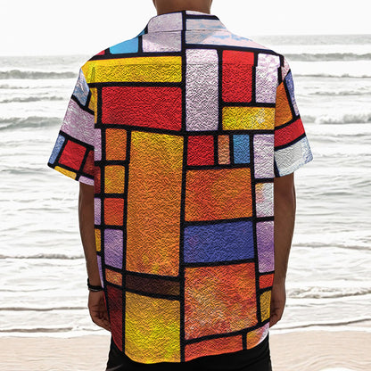 Colorful Stained Glass Mosaic Print Textured Short Sleeve Shirt