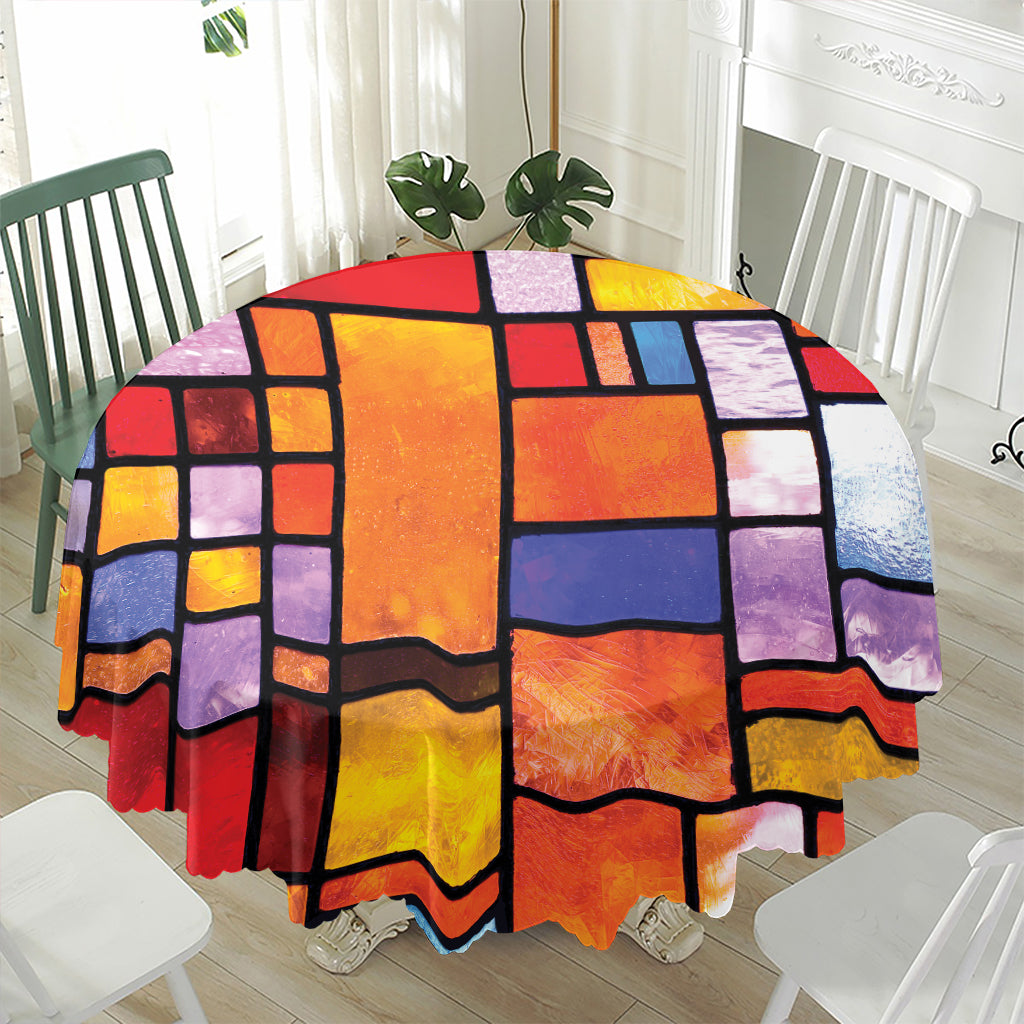Colorful Stained Glass Mosaic Print Waterproof Round Tablecloth