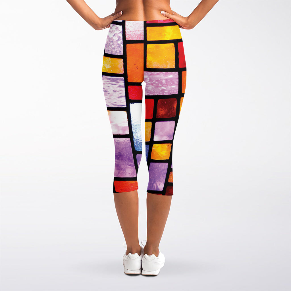 Colorful Stained Glass Mosaic Print Women's Capri Leggings