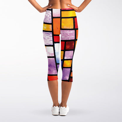 Colorful Stained Glass Mosaic Print Women's Capri Leggings