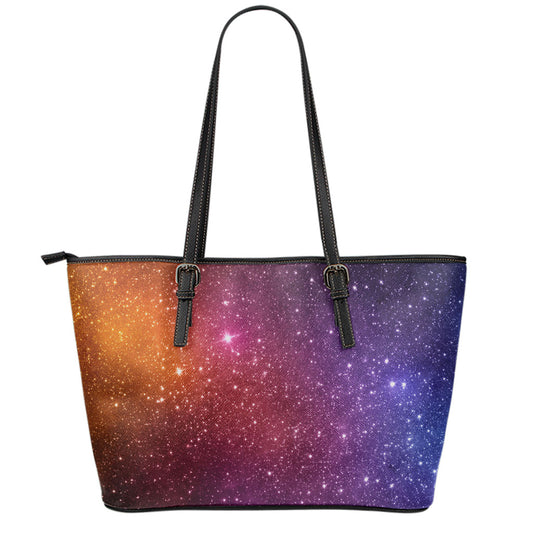 Colorful Stardust Galaxy Space Print Leather Tote Bag