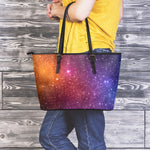 Colorful Stardust Galaxy Space Print Leather Tote Bag