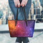 Colorful Stardust Galaxy Space Print Leather Tote Bag