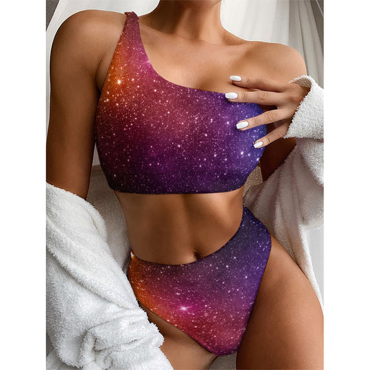 Colorful Stardust Galaxy Space Print One Shoulder Bikini Top