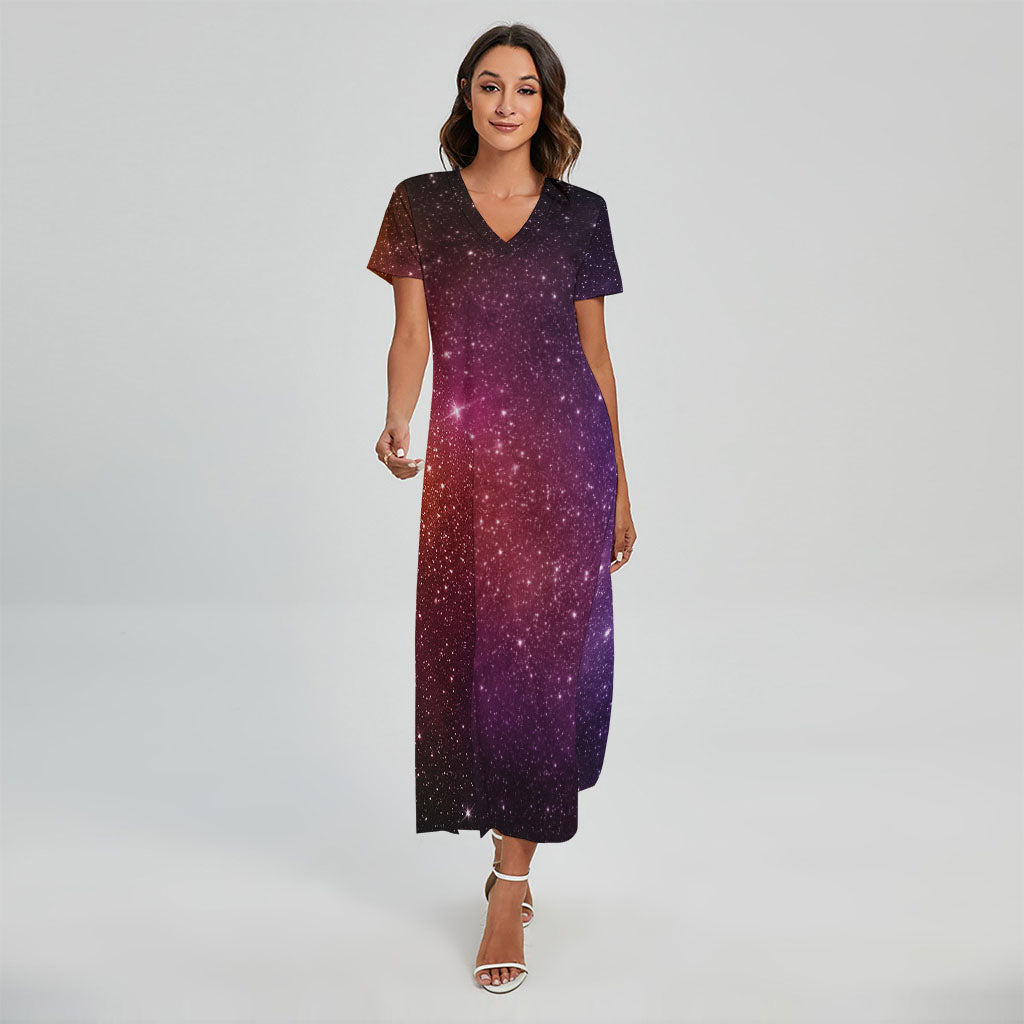 Colorful Stardust Galaxy Space Print Short Sleeve Maxi Dress