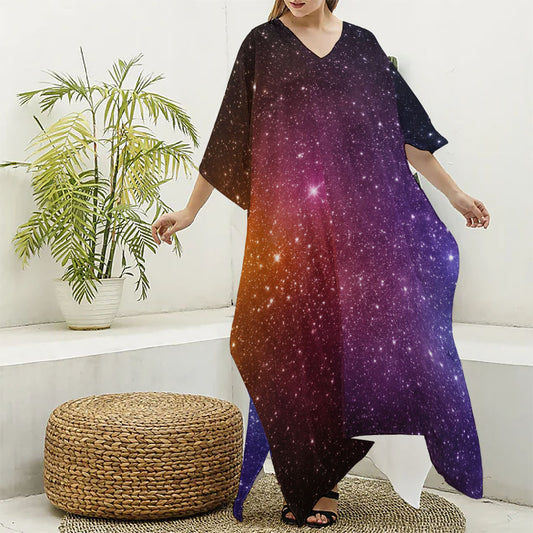 Colorful Stardust Galaxy Space Print Silk V-Neck Kaftan Dress