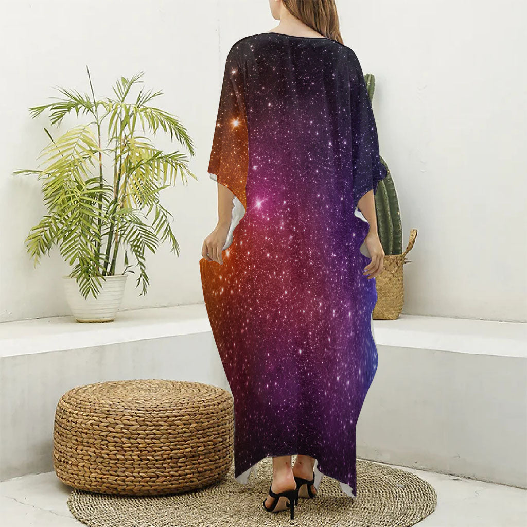 Colorful Stardust Galaxy Space Print Silk V-Neck Kaftan Dress