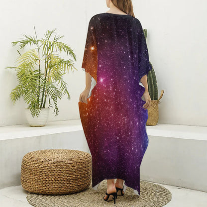 Colorful Stardust Galaxy Space Print Silk V-Neck Kaftan Dress