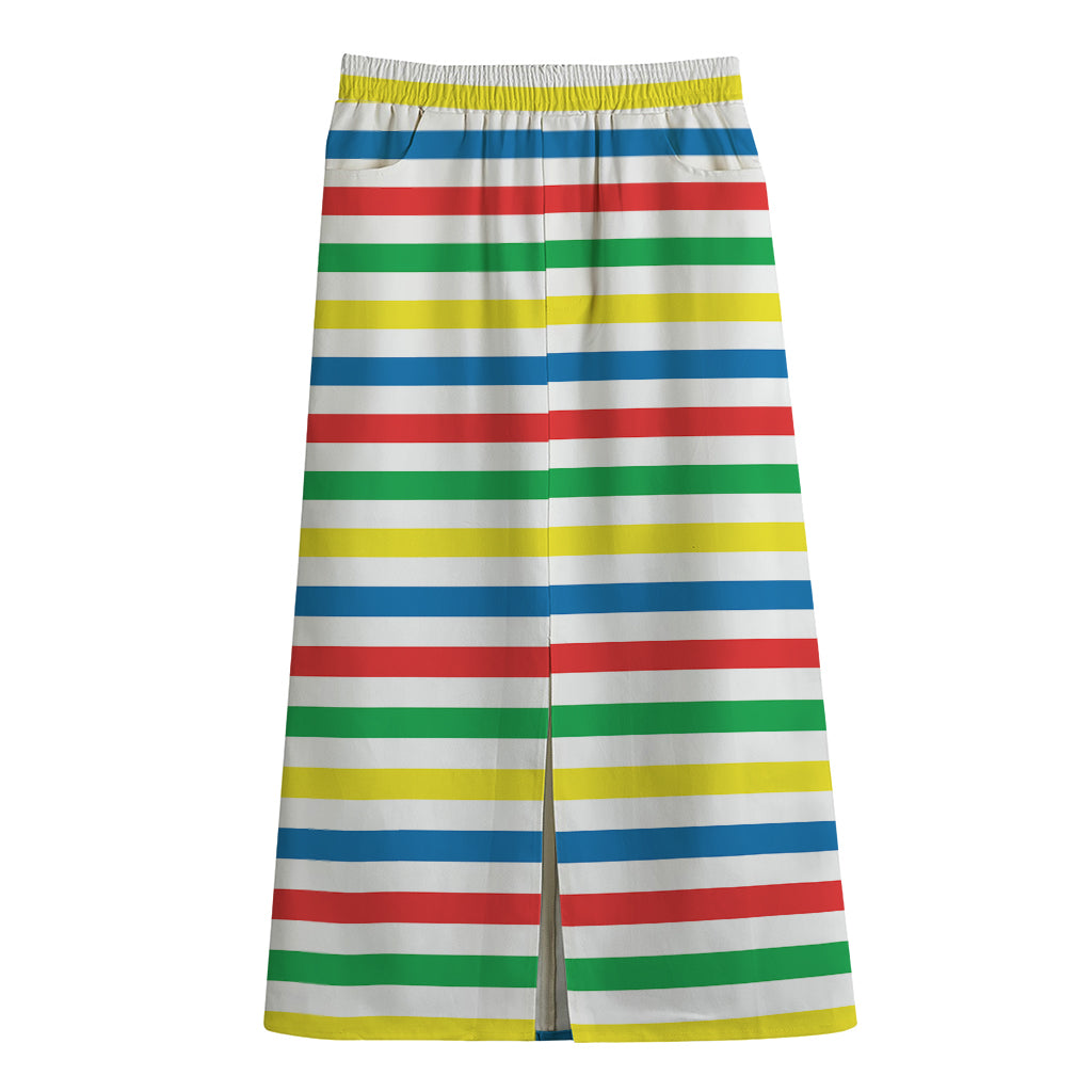 Colorful Striped Pattern Print Cotton Front Slit Maxi Skirt