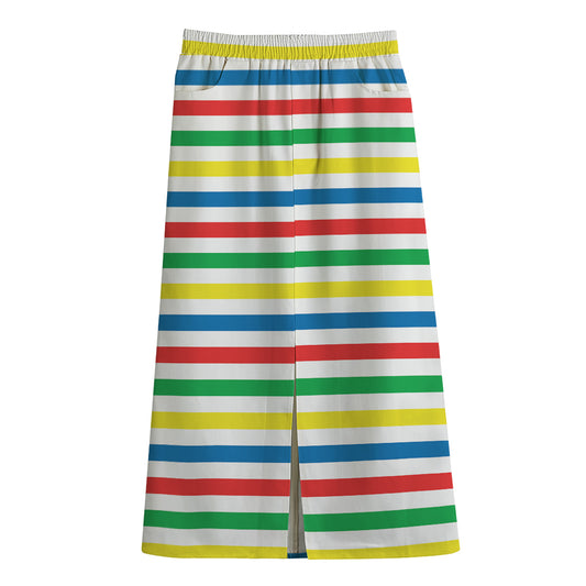 Colorful Striped Pattern Print Cotton Front Slit Maxi Skirt