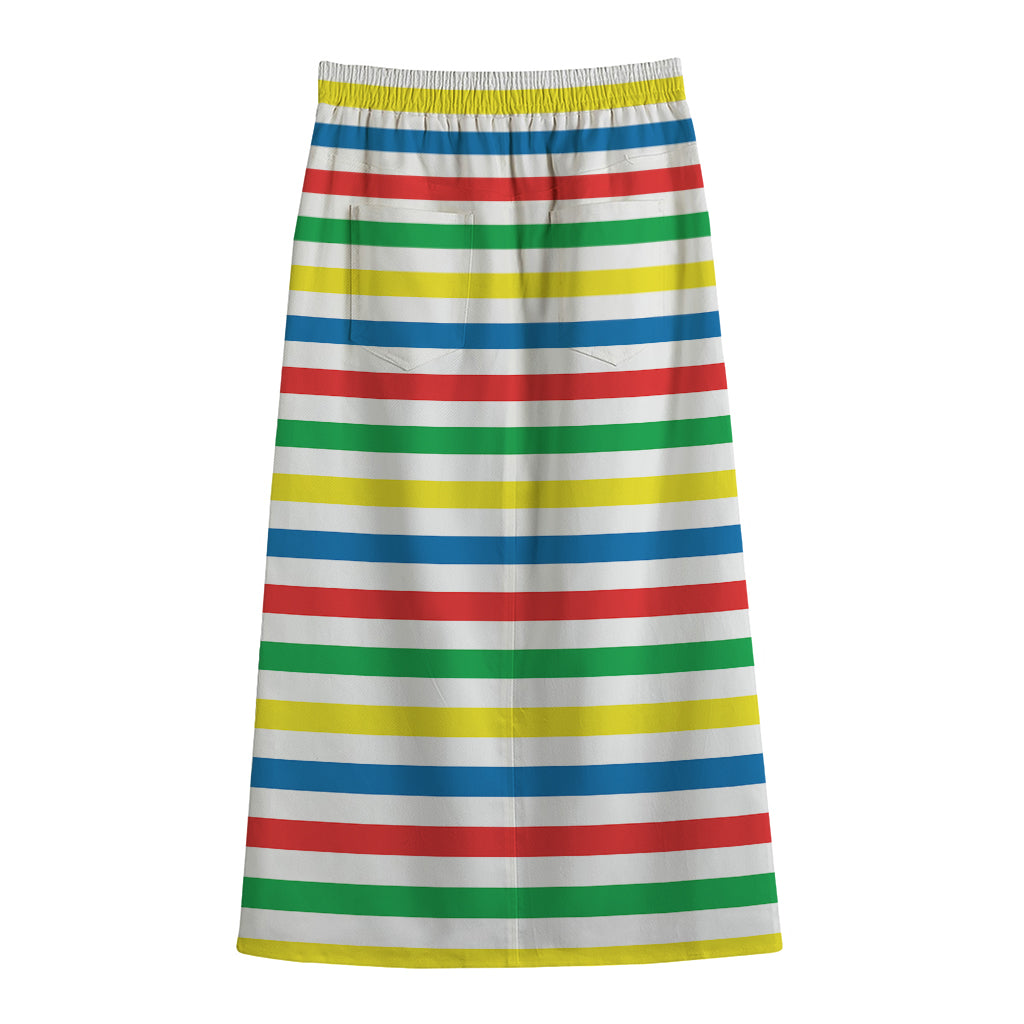 Colorful Striped Pattern Print Cotton Front Slit Maxi Skirt