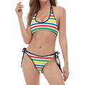 Colorful Striped Pattern Print Halter Scoop Tie Side Bikini