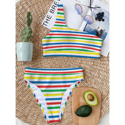 Colorful Striped Pattern Print One Shoulder Bikini Top