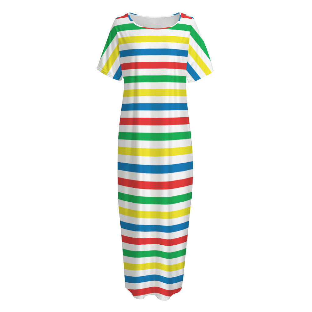 Colorful Striped Pattern Print Short Sleeve Long Nightdress