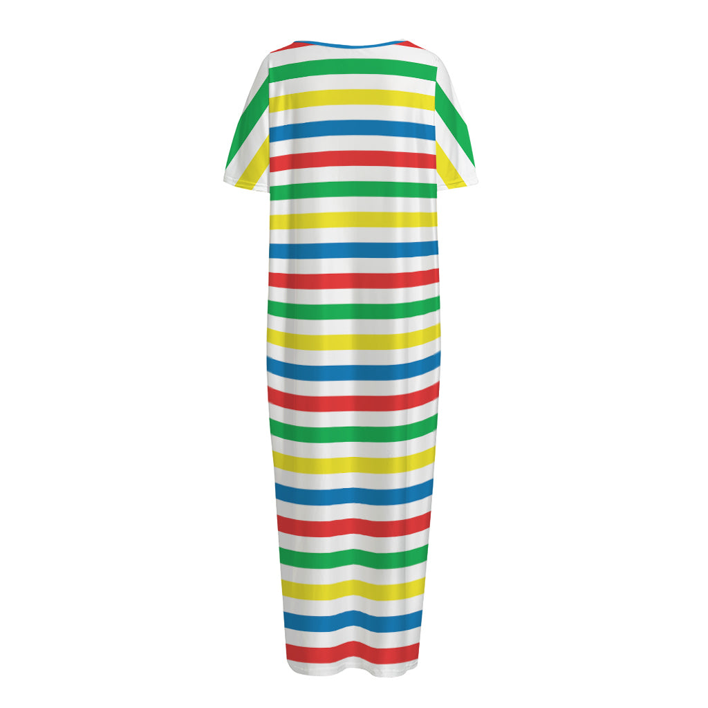 Colorful Striped Pattern Print Short Sleeve Long Nightdress