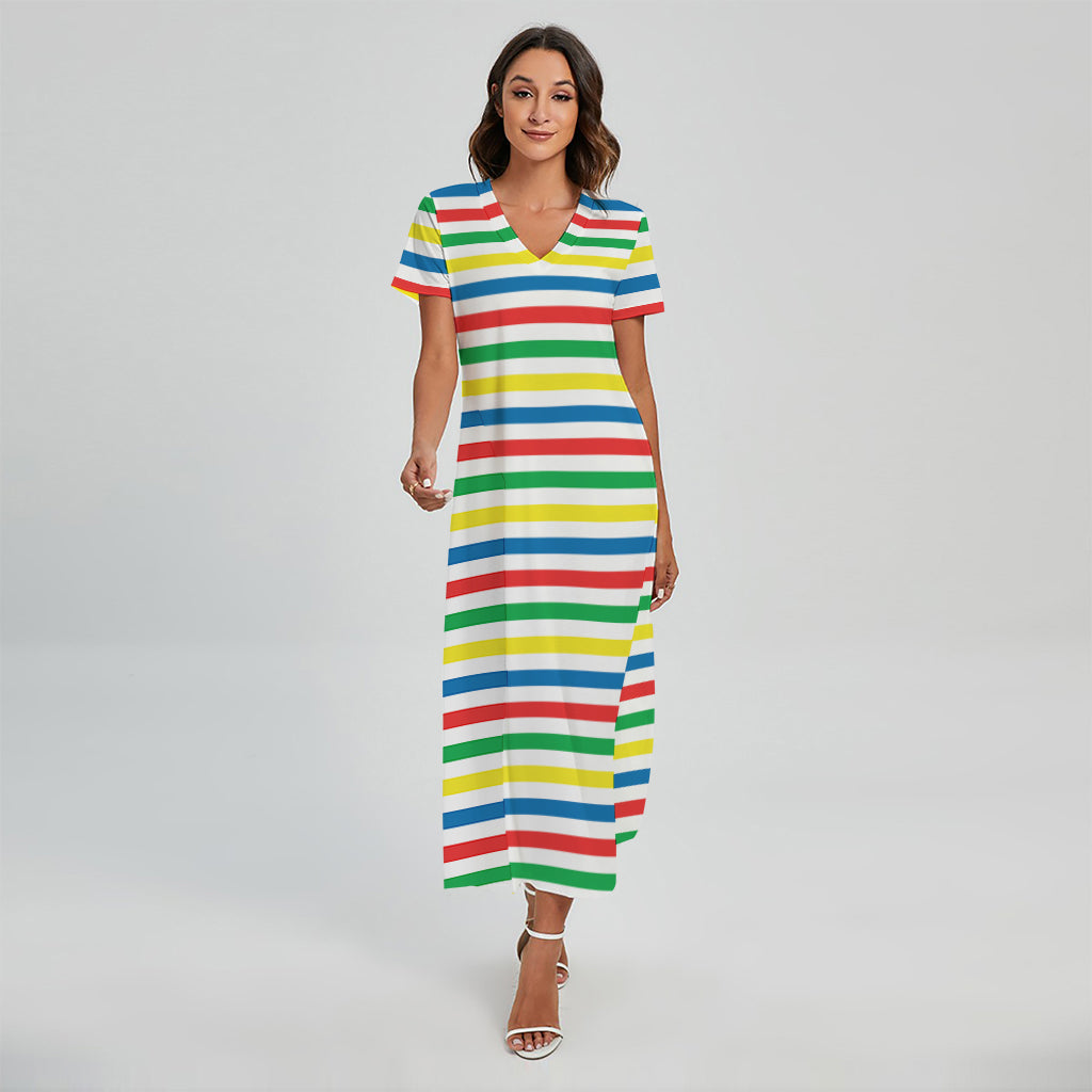 Colorful Striped Pattern Print Short Sleeve Maxi Dress
