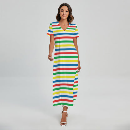 Colorful Striped Pattern Print Short Sleeve Maxi Dress