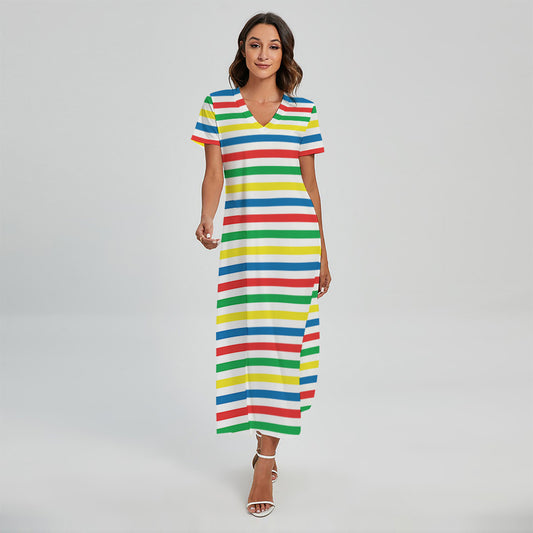 Colorful Striped Pattern Print Short Sleeve Maxi Dress