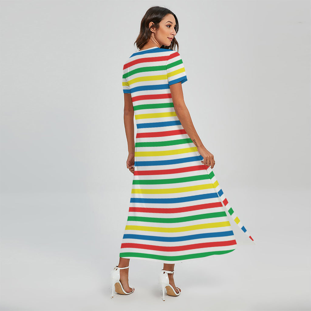 Colorful Striped Pattern Print Short Sleeve Maxi Dress