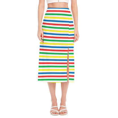 Colorful Striped Pattern Print Side Slit Midi Skirt