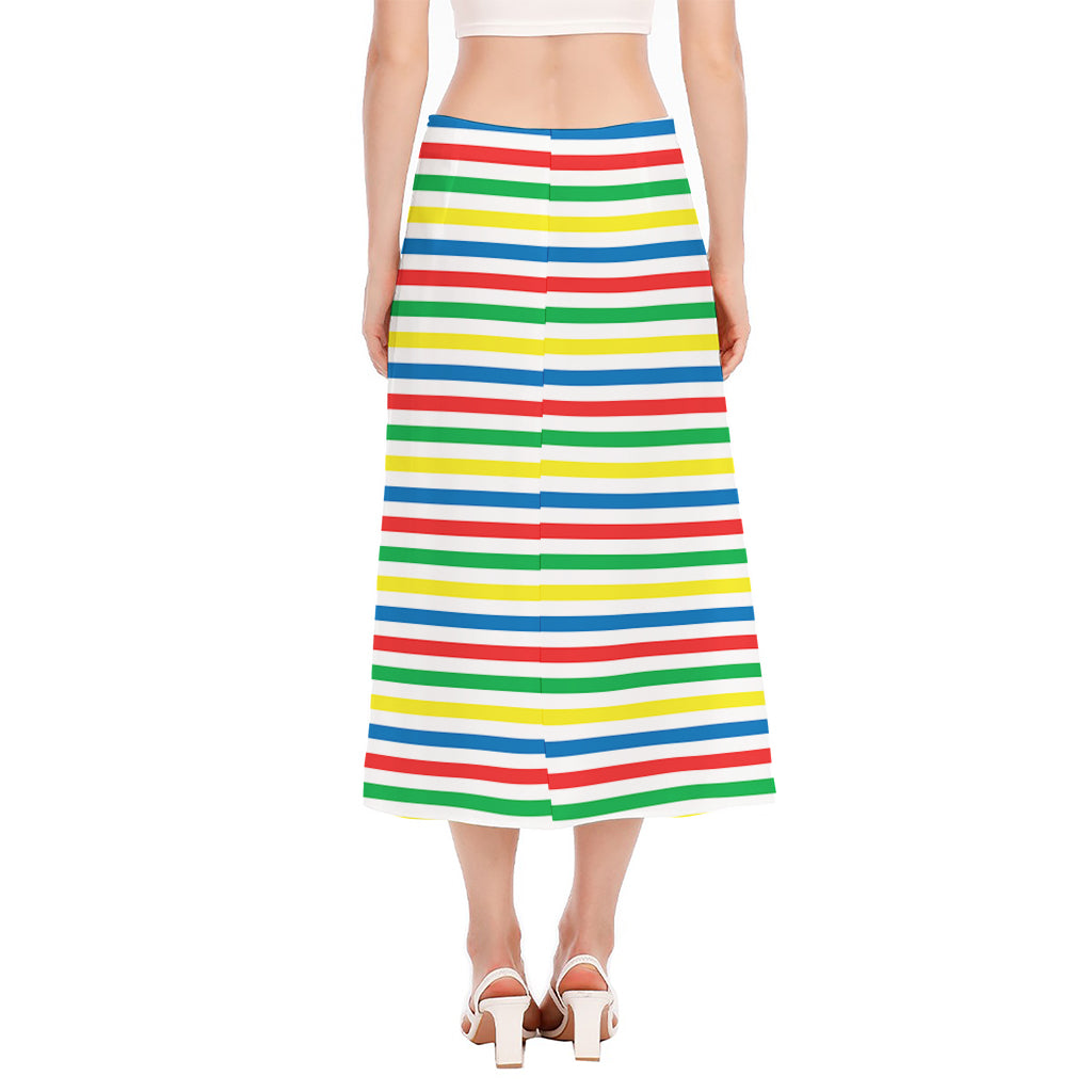Colorful Striped Pattern Print Side Slit Midi Skirt