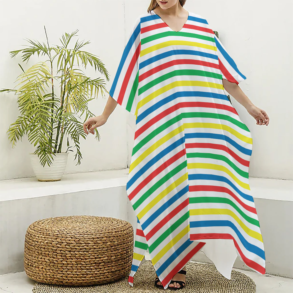 Colorful Striped Pattern Print Silk V-Neck Kaftan Dress