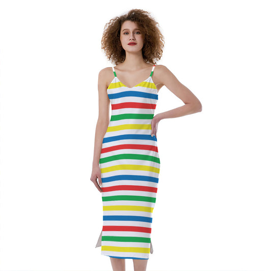 Colorful Striped Pattern Print Slim Fit Midi Cami Dress
