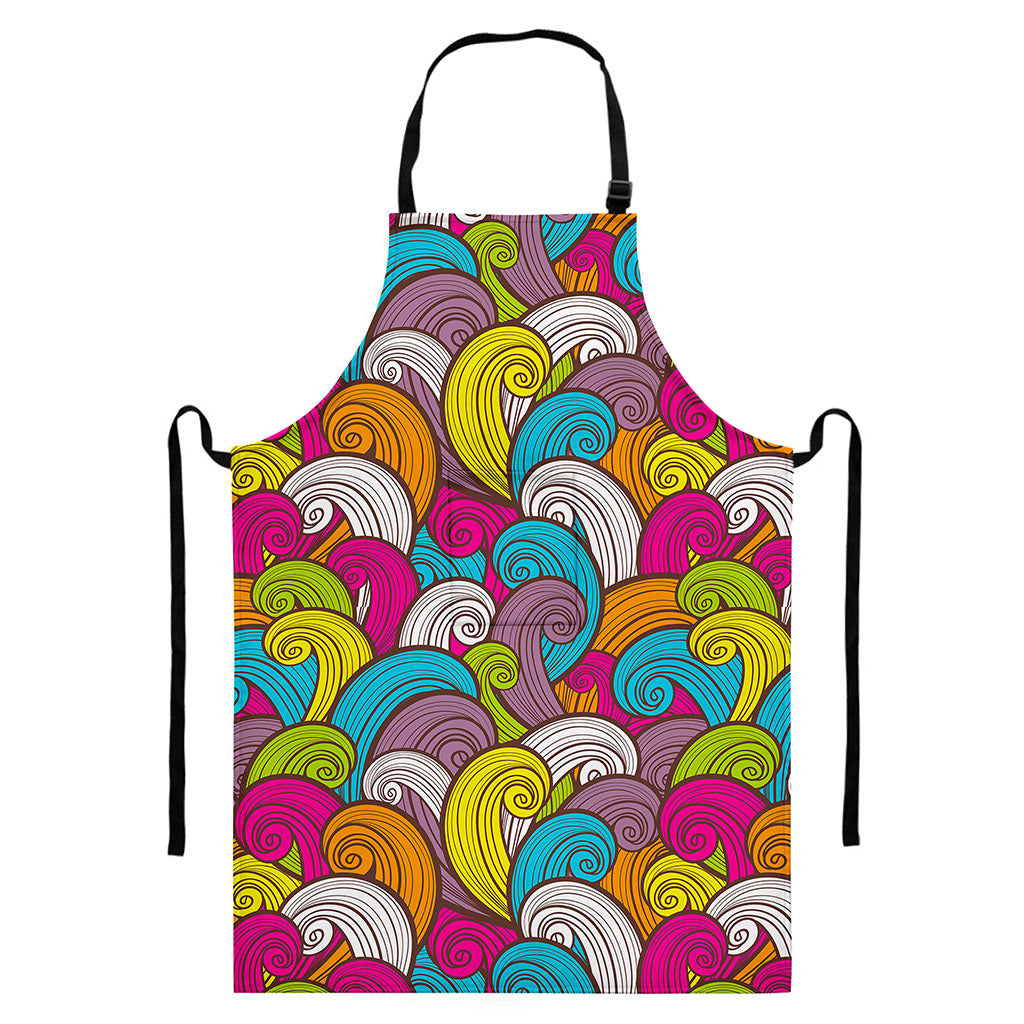 Colorful Surfing Wave Pattern Print Bib Apron With Pocket