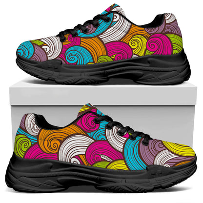 Colorful Surfing Wave Pattern Print Black Chunky Shoes