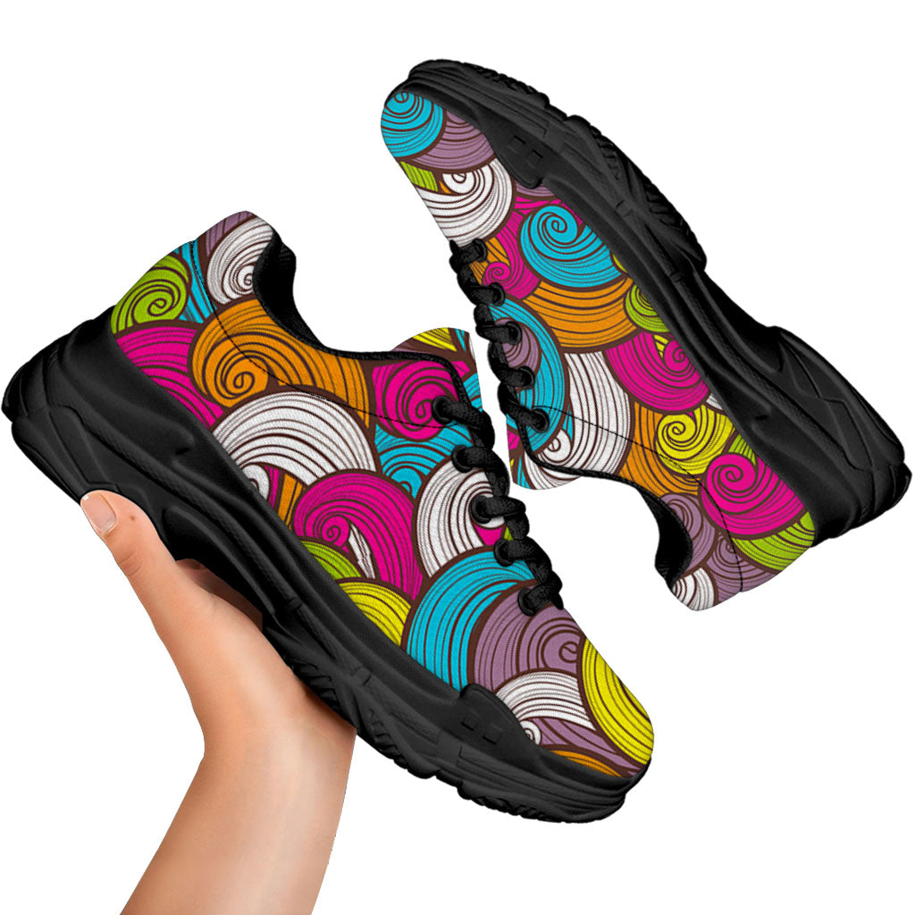 Colorful Surfing Wave Pattern Print Black Chunky Shoes