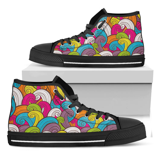 Colorful Surfing Wave Pattern Print Black High Top Sneakers