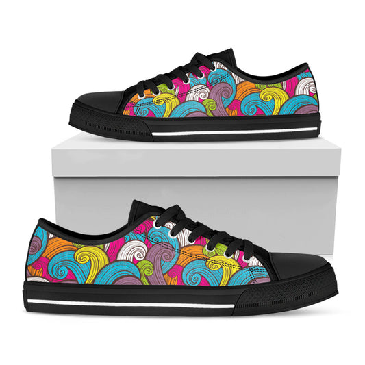 Colorful Surfing Wave Pattern Print Black Low Top Sneakers