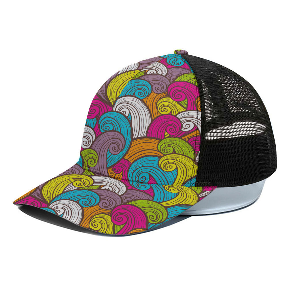Colorful Surfing Wave Pattern Print Black Mesh Trucker Cap