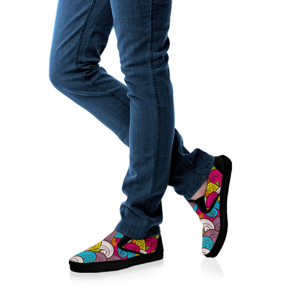 Colorful Surfing Wave Pattern Print Black Slip On Sneakers