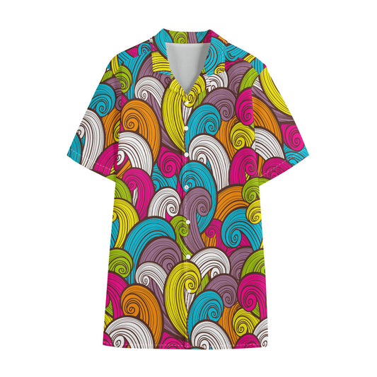 Colorful Surfing Wave Pattern Print Cotton Hawaiian Shirt