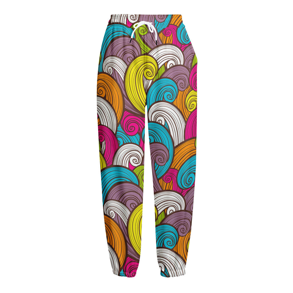 Colorful Surfing Wave Pattern Print Fleece Lined Knit Pants