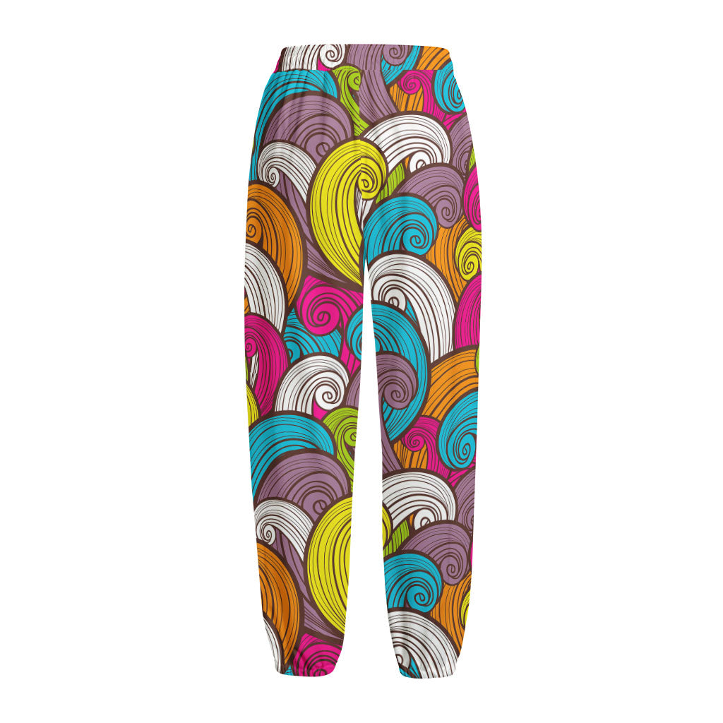 Colorful Surfing Wave Pattern Print Fleece Lined Knit Pants