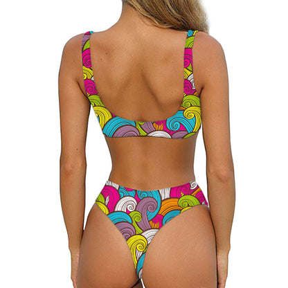 Colorful Surfing Wave Pattern Print Front Bow Tie Bikini