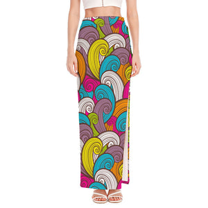 Colorful Surfing Wave Pattern Print High Slit Maxi Skirt