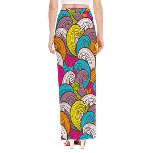 Colorful Surfing Wave Pattern Print High Slit Maxi Skirt