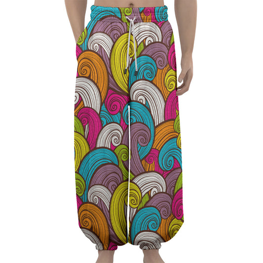 Colorful Surfing Wave Pattern Print Lantern Pants