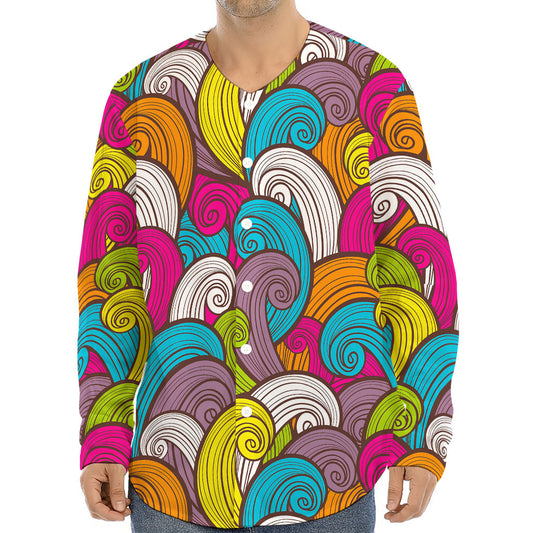 Colorful Surfing Wave Pattern Print Long Sleeve Baseball Jersey