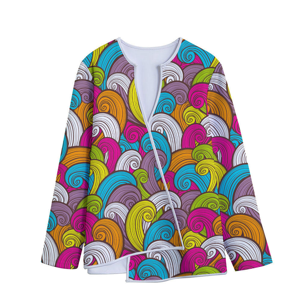 Colorful Surfing Wave Pattern Print Long Sleeve Short Coat