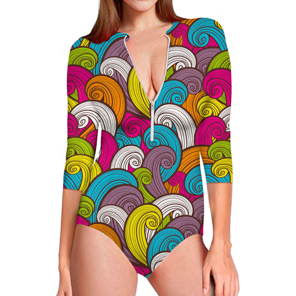 Colorful Surfing Wave Pattern Print Long Sleeve Swimsuit