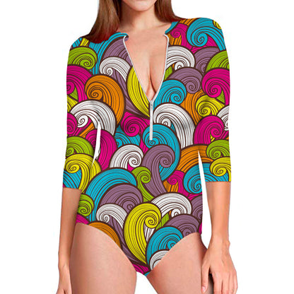 Colorful Surfing Wave Pattern Print Long Sleeve Swimsuit