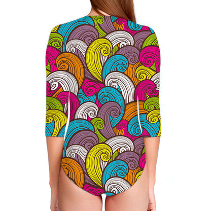 Colorful Surfing Wave Pattern Print Long Sleeve Swimsuit