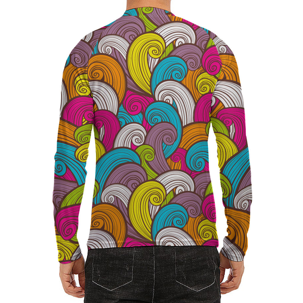 Colorful Surfing Wave Pattern Print Men's Long Sleeve Rash Guard