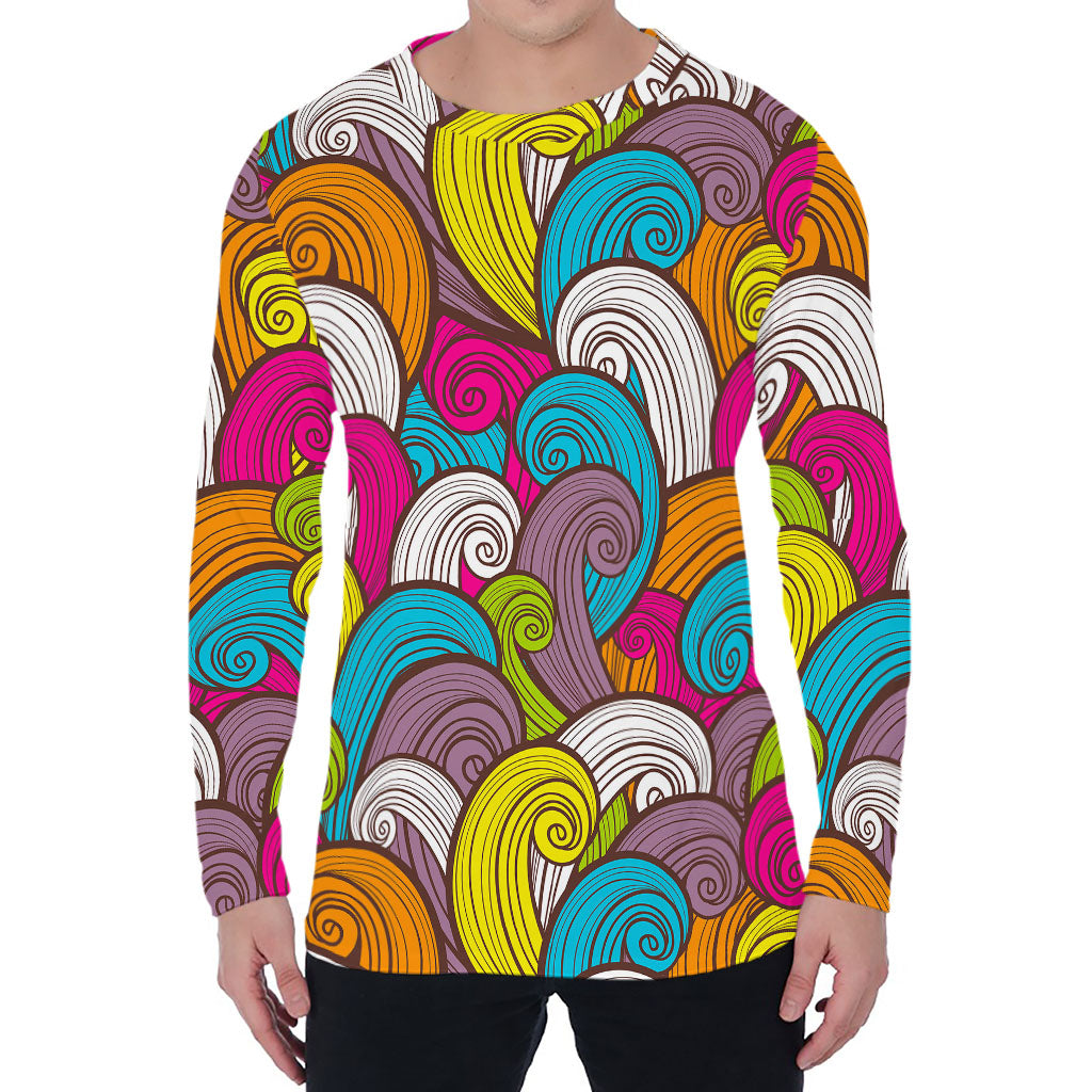 Colorful Surfing Wave Pattern Print Men's Long Sleeve T-Shirt