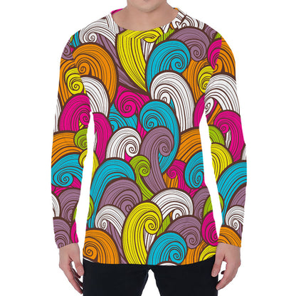 Colorful Surfing Wave Pattern Print Men's Long Sleeve T-Shirt